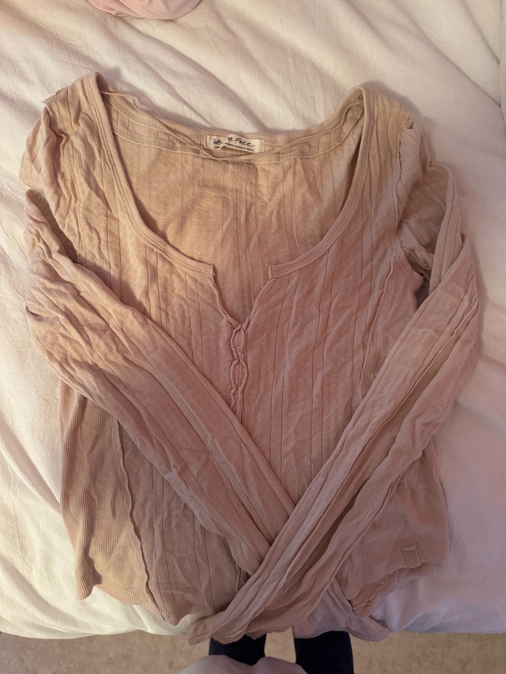 Free People Lightweight Cable-Knit Long Sleeve Top in Blush Pink/Beige